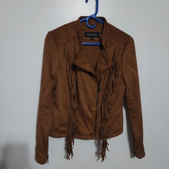 Women's Black Rivet Faux Leather Western Fringed Jacket Long Sleeves Size M - Picture 2 of 12